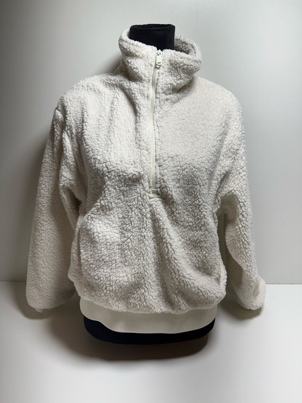 Women’s Sherpa Fleece Half Zip Y2K White Plush Pullover Sweater Sz Small